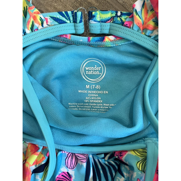 Girls 7/8 Blue Floral Toucan Ruffle Swimsuit One Piece Tropical Bathing Suit - Picture 4 of 5